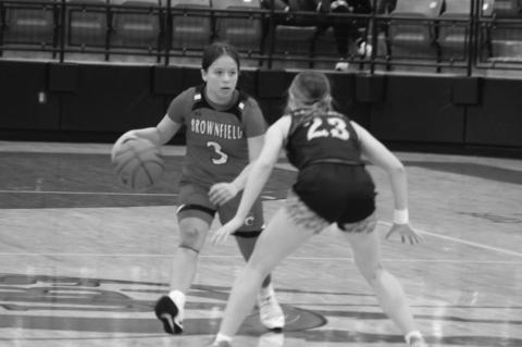 Brownfield’s Lucy Guzman (3) runs the Lady Cubs’ offense as Canadian’s Jacy Long (23) defends during a game at the Hoopin’ Cubs Classic on Thursday at Brownfield.