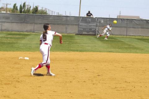 Lady Cubs’ shortstop Payzlea Baumann (9) throws across the diamond for an out in a District 3-3A game against Lamesa on April 12 at Brownfield High School. (LEE SCHEIDE|BROWNFIELD NEWS)