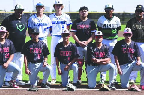 Brownfield Cubs Ramon Villanueva (23), Andrew Valenzuela (5), Ethan Garcia (4), Jaythen Ruiz (14) and Riley Flores (9) pose before playing in the Black-Gold Sports Senior Game at Joe Spikes Fields on Saturday in Lamesa.