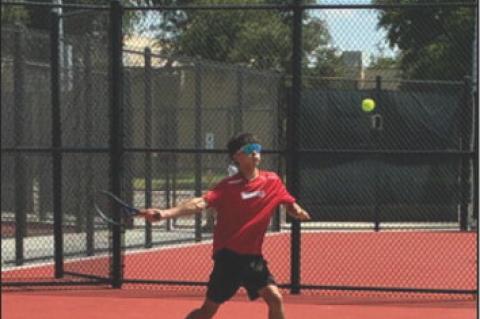 Brownfield’s Colton McPherson sets up for a forehand during a match against Lubbock-Cooper Liberty on Saturday in Woodrow. (RICH HAMMONS|COURTESY PHOTO)