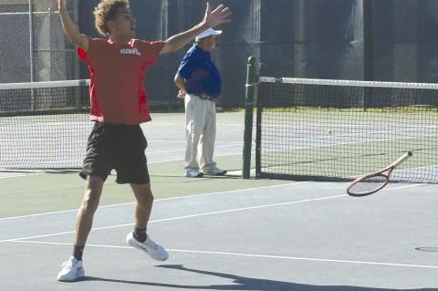 Brownfield’s John Fields celebrates after defeating Tag Hooks of Peaster in the Boys Singles semifinal at the Region I-3A Tennis Championships on Wednesday at the Rose Park Tennis Center in Abilene. Fields qualified for the 2025 UIL State Tennis Tournam