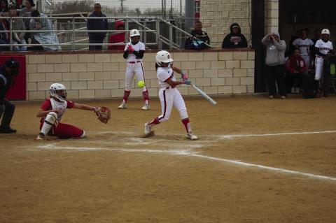 Brownfield’s Azanea Dominguez fouls off a pitch against Coahoma in a District 3-3A game on Saturday in Brownfield.