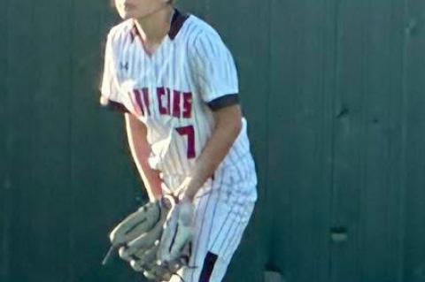 Brownfield right-fielder Janah Burns waits for a pitch against Amarillo River Road in Game 1 of a best-of-3 Class 3A Division I area playoff series on Thursday at Floydada High School. (BROWNFIELD ISD PHOTO)