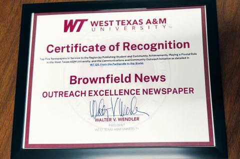 Brownfield News receives honor from West Texas A&M