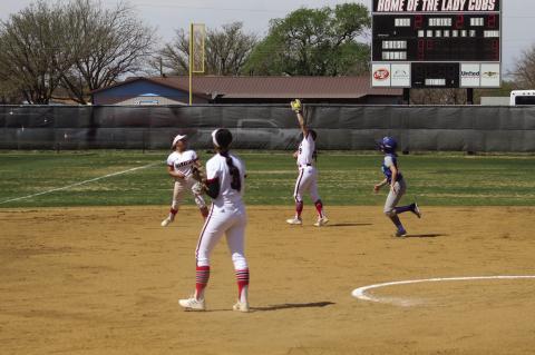 Brownfield shortstop Payzlea Baumann (9) makes a catch against Odessa Compass Academy in a District 3-3A game on Saturday in Brownfield.