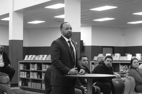 Lawrence Johnson speaks after being approved as the new head football coach/assistant athletic director for Brownfield High School during a special meeting of the Brownfied ISD Board of Trustees on Thursday at Brownfield MIddle School. (LEE SCHEIDE | BROW