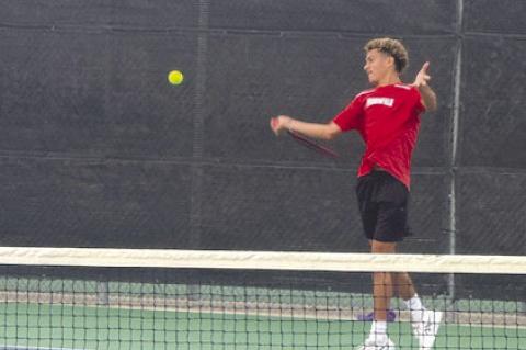Brownfield's John Fields hits a forehand during his first-round match against Cub Quintero of Corpus Christi London. (COURTESY PHOTO)