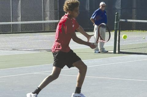 Brownfield’s John Fields hits a forehand during a Boys Singles match against Tag Hooks of PeasterattheRegionI-3ATennisChampionshipsonWednesdayattheRoseParkTennisCenter in Abilene. (COURTESY PHOTO)