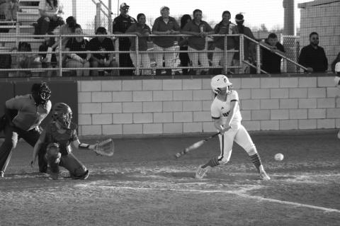 Brownfield’s Payzlea Baumann (9) swings at a pitch during a District 3-3A game against Brownfi eld on Tuesday at Brownfield High School.