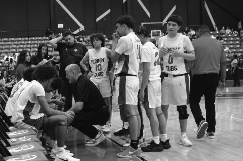 Brownfield head coach Zayne McPherson gets the Cubs refocused during a timeout against Lamesa in a District 3-3A game on Friday at The Pit in Brownfield.
