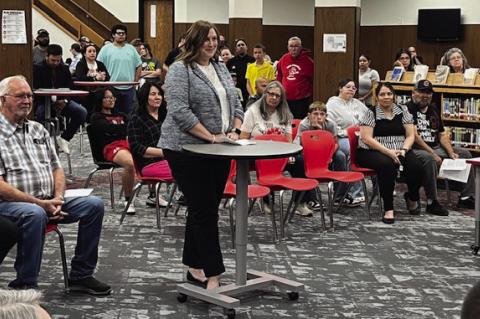 Christi Peck talks to the BISD Board of Trustees after being confirmed as the new principal for Oak Grove Elementary School during the board’s monthly meeting on Monday at Brownfield Middle School. (LEE SCHEIDE | BROWNFIELD NEWS)