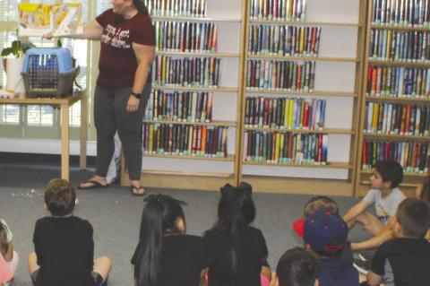 -TerryCountyyouthwatchKiraNelsonwithapresentationaboutchickensattheLibrary.(Photo by Lupe Perez)