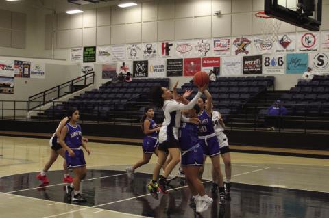 Wellman-Union’s Aaralyn Herrera drives for a layup against Amherst in a District 5-1A game on Friday at Wellman-Union High School.