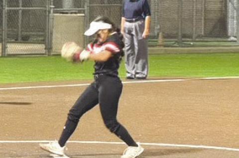 Brownfield’s Azanea Dominguez sets to deliver a pitch against Kermit in Game 1 of a Class 3A Division I Bi-District playoff series on Thursday at the Seminole ISD Softball Field. (BROWNFIELD ISD)