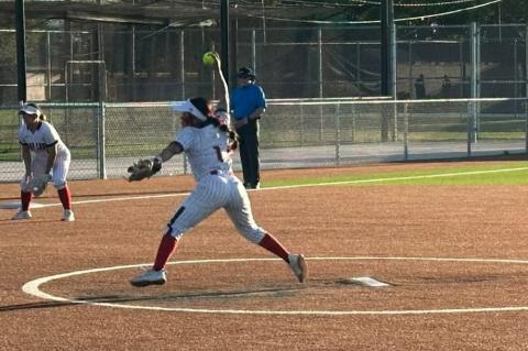 Brownfield’s Azanea Dominguez throws a pitch against Amarillo River Road in Game 1 of a best-of-3 Class 3A Division I area playoff series on Thursday at Floydada High School. (BROWNFIELD ISD PHOTO)