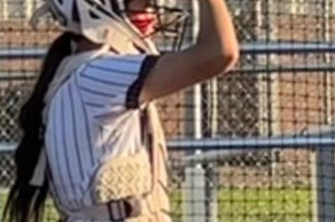 Brownfield catcher Melody Salas looks over the defense against Amarillo River Road in Game 1 of a best-of-3 Class 3ADivisionIareaplayoffseriesonThursdayatFloydadaHigh School. (BROWNFIELD ISD PHOTO)