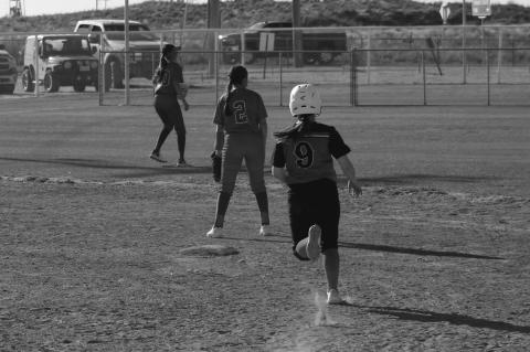 Brownfield’s Payzlea Baumann (9) runs to second base after a double during a District 3-3A game against Denver City on Tuesday in Denver City. (Lee Scheide | Brownfield News)