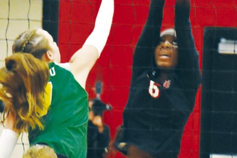 Samerrah Dickson blocks at kill attempt by the Lady Cats during the Lady Cubs’ game against Idalou Tuesday evening. (Melissa McCaghren/Brownfield News)