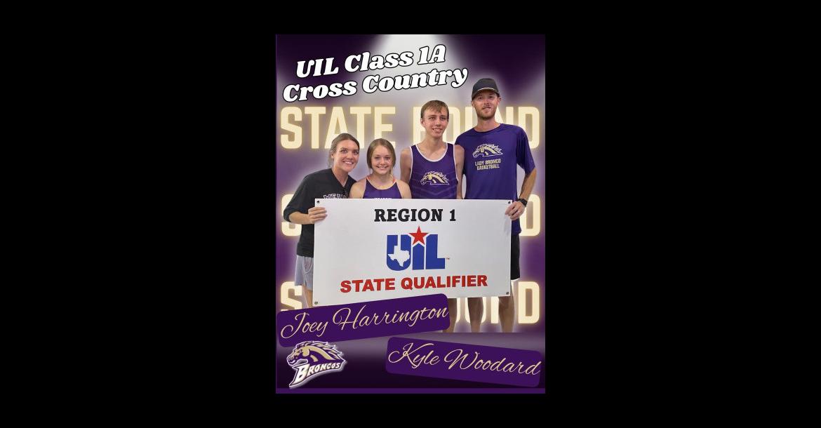 Meadow’sHarrington(centerleft)andKyleWoodard(centerright) both qualified for the 2025 UIL State Cross Country Championships with their performances attheRegion I-1A Championships at Mae Simmons Park on Monday in Lubbock. (COURTESY PHOTO|MEADOW ISD)