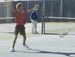 Brownfield’s John Fields celebrates after defeating Tag Hooks of Peaster in the Boys Singles semifinal at the Region I-3A Tennis Championships on Wednesday at the Rose Park Tennis Center in Abilene. Fields qualified for the 2025 UIL State Tennis Tournam
