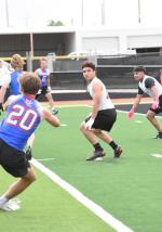 Brownfield’s Asiel Morin (center) and Joby Rodriguez (right) defend during a 7-on-7 game against Midland Christian on June 9 at Wigwam Stadium in Seminole. (COURTESY PHOTO)
